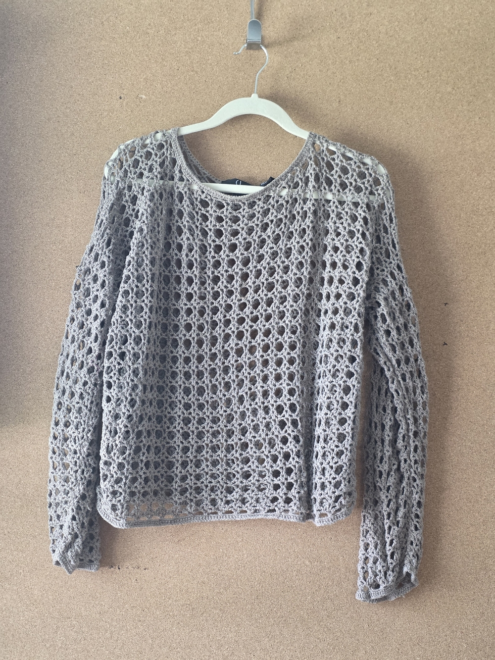 Carole Little Linen Cotton Open Knit Crochet Mesh Sweater Tan Large Boho Y2K